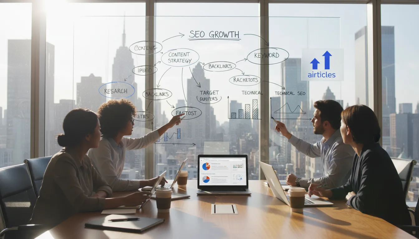 Diverse team brainstorming seo marketing techniques strategies in a Manhattan office, whiteboard visible.