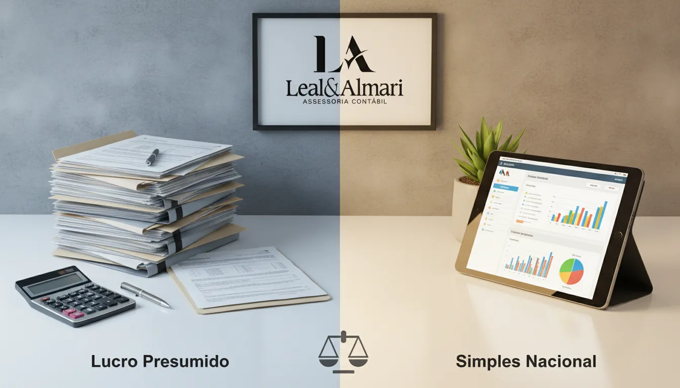 Comparativo visual entre Lucro Presumido e Simples Nacional, destacando complexidade versus simplicidade tributária.