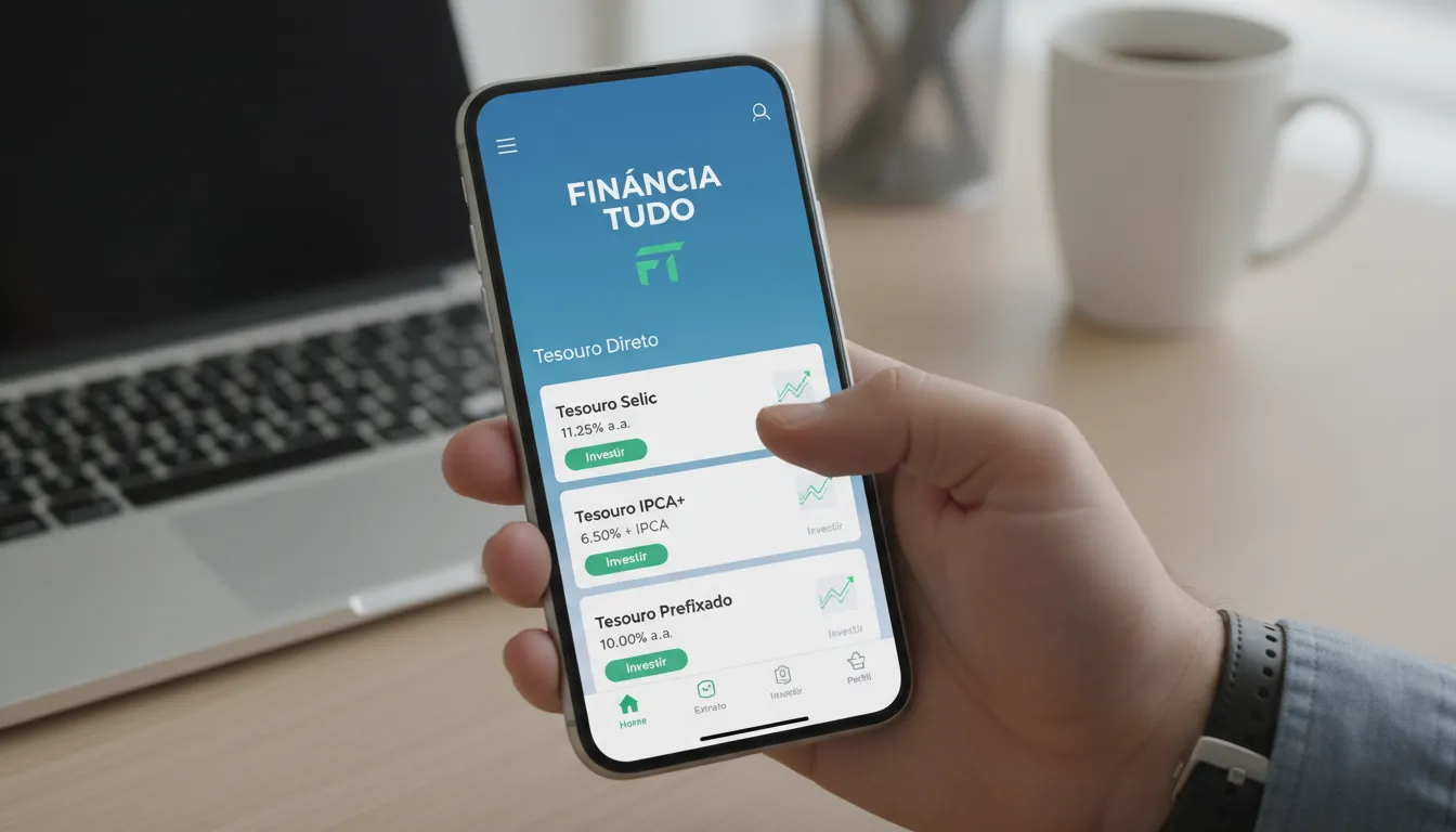 Um smartphone mostrando o app da Financia Tudo com opções de investimento em Tesouro Direto, destacando a facilidade de uso e acesso à plataforma.