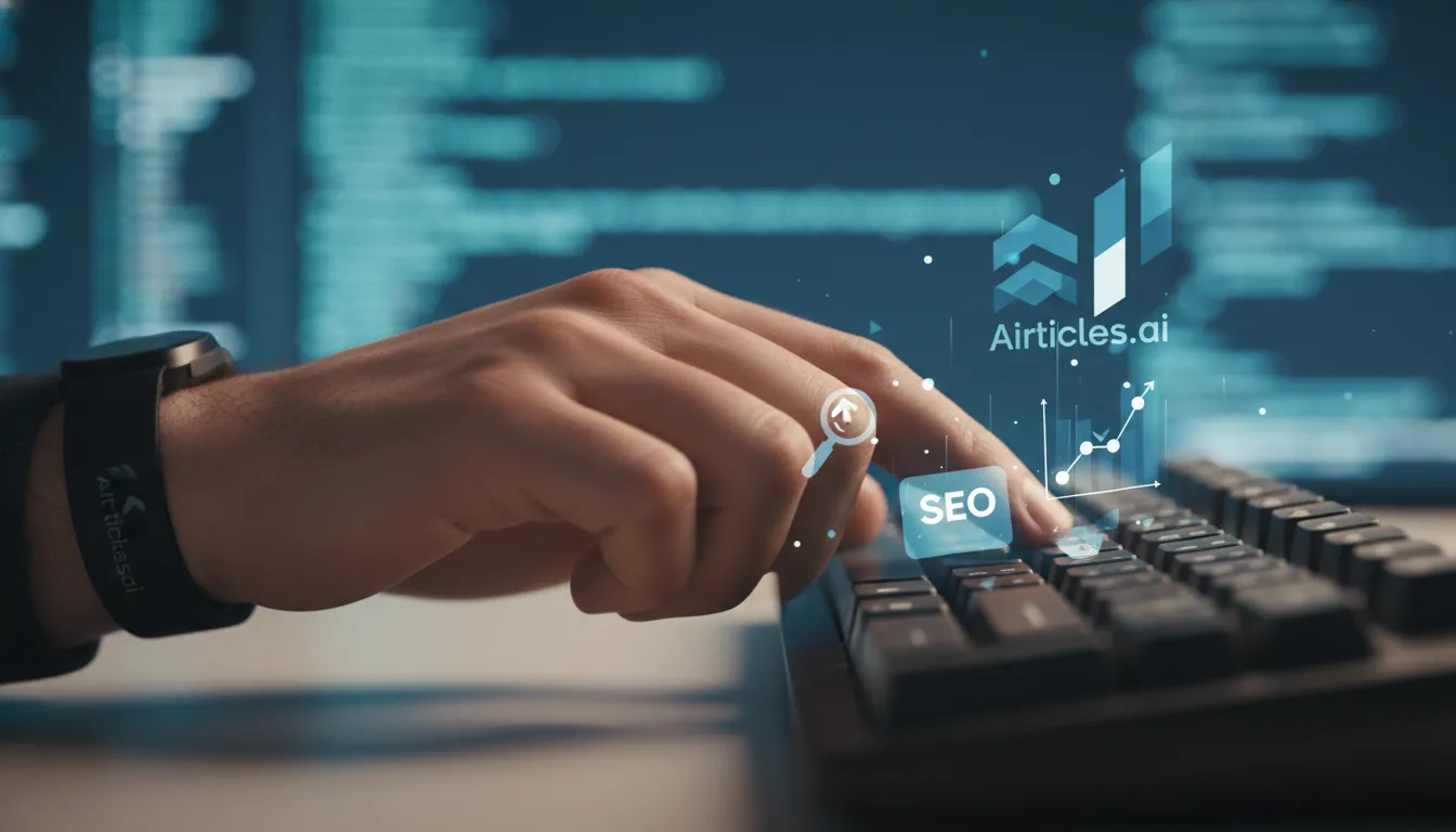 Mão digitando palavras-chave SEO, ilustrando a Assessoria SEO focada em otimização de conteúdo orgânico.