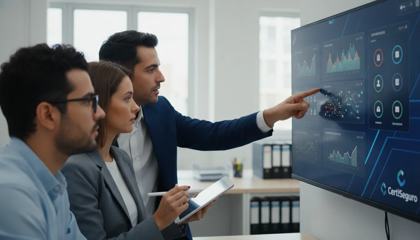 Equipe contábil analisa dashboard, aprimorando controle de uso certificado digital e segurança de dados.