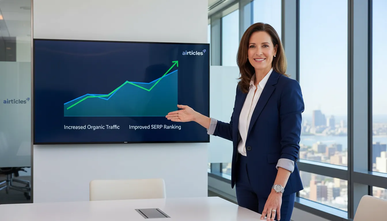 An executive presents improved SEO performance, showcasing positive results after successful optimization efforts. It's vital to regularly check your site SEO.