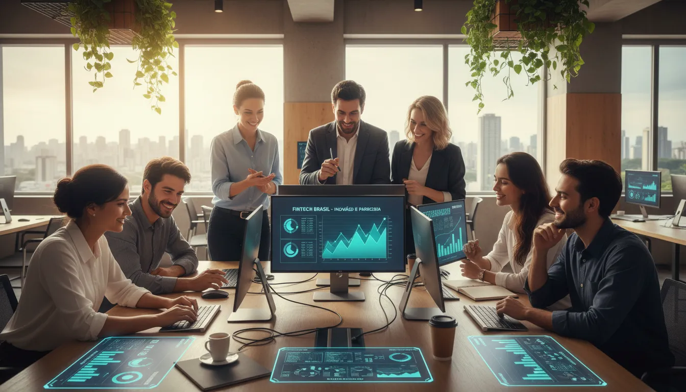 Grupo de profissionais analisando dados digitais em ambiente colaborativo, representando inovação das fintechs no Brasil.