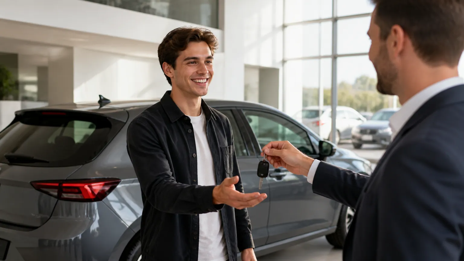 Motorista feliz decidindo que vale a pena trocar de carro por um modelo mais novo.