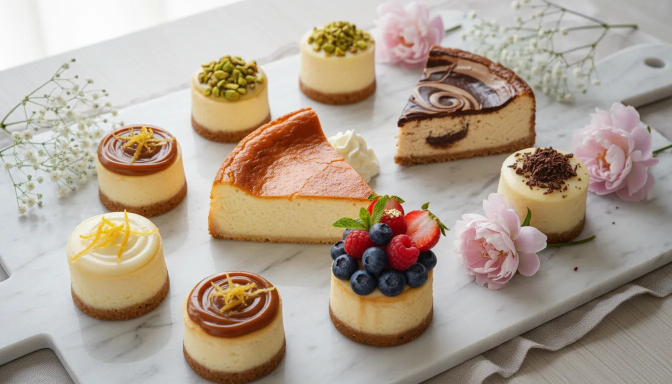 Variedade de cheesecakes gourmet, uma seleção perfeita de sobremesa dia das mães para encantar e celebrar com sabor.