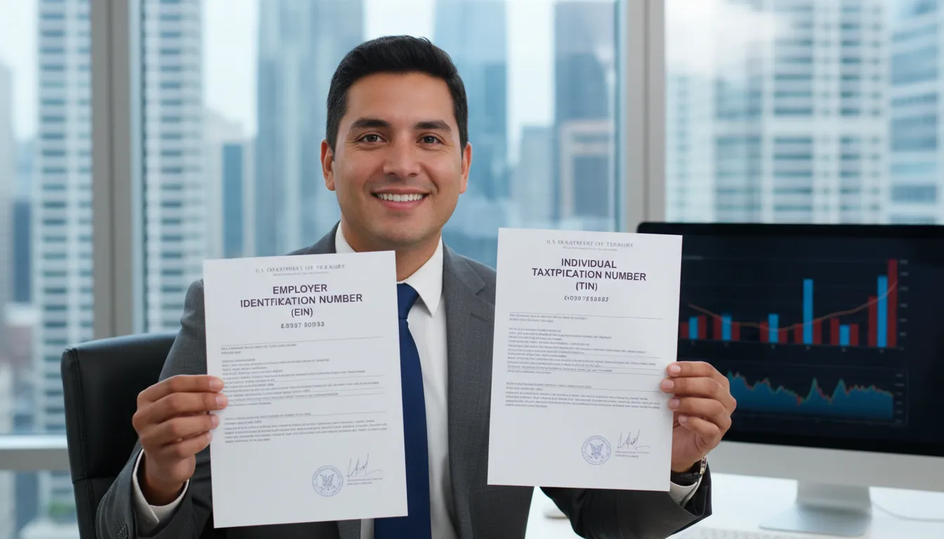 Emprendedor mostrando EIN e ITIN en oficina con gráficos y vista urbana al fondo.
