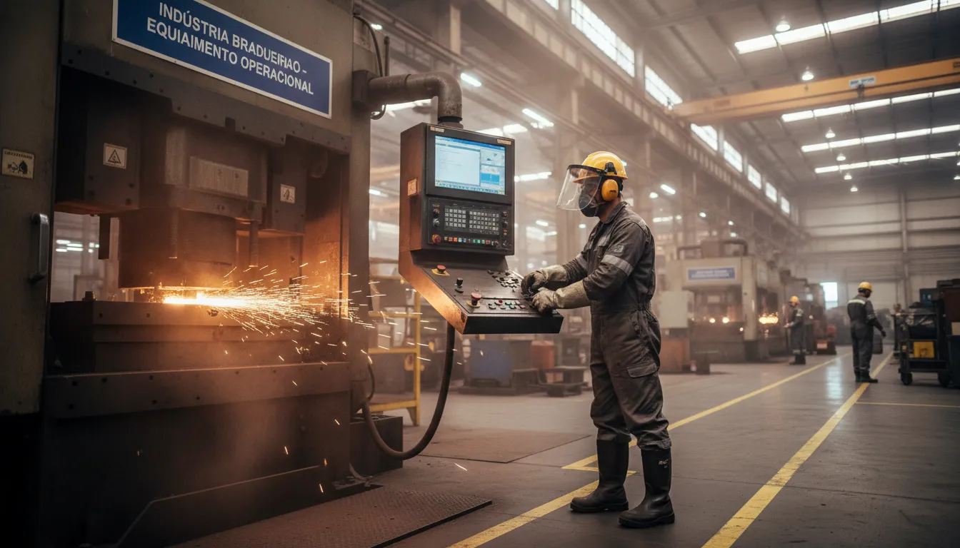 Trabalhador industrial usando EPI em fábrica, representando exposição a agentes insalubres.