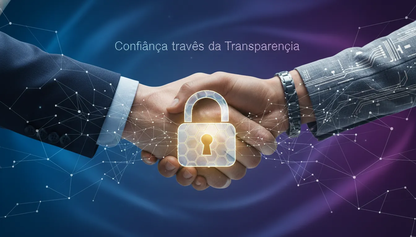 Apertar de mãos digital sobre cadeado brilhante, simbolizando confiança e transparência na aplicação do legítimo interesse LGPD.