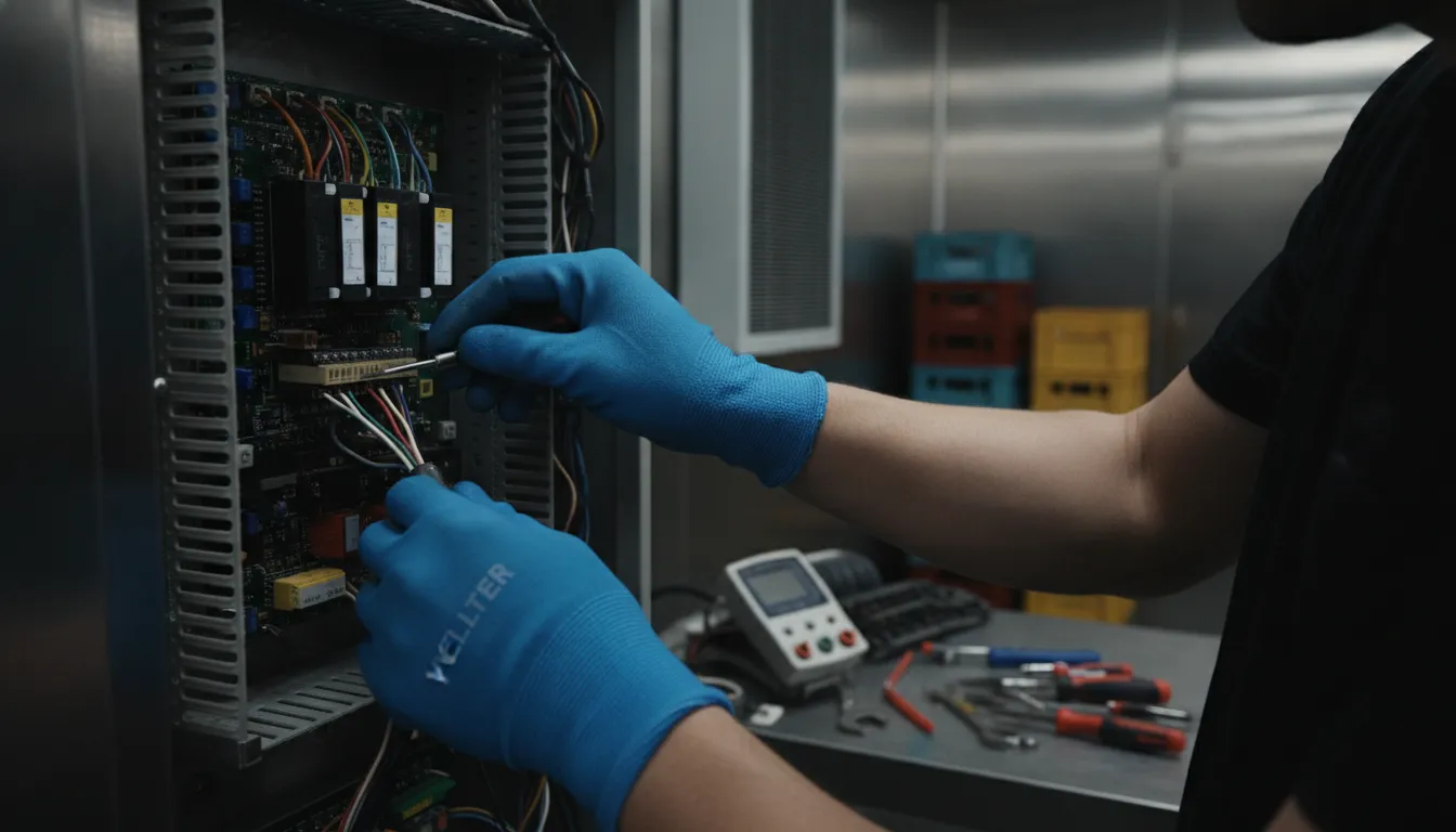 Mãos de técnico Veltter ajustam painel de controle em manutenção de câmara fria em frigorífico, foco na precisão.