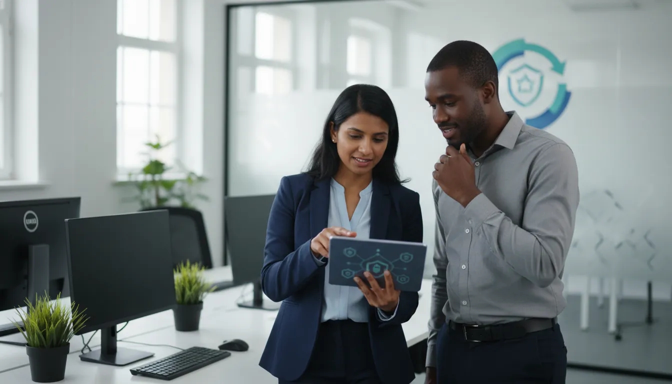 Colaboradores colaborando com segurança de dados, exemplificando uma sólida cultura de privacidade e responsabilidade corporativa.