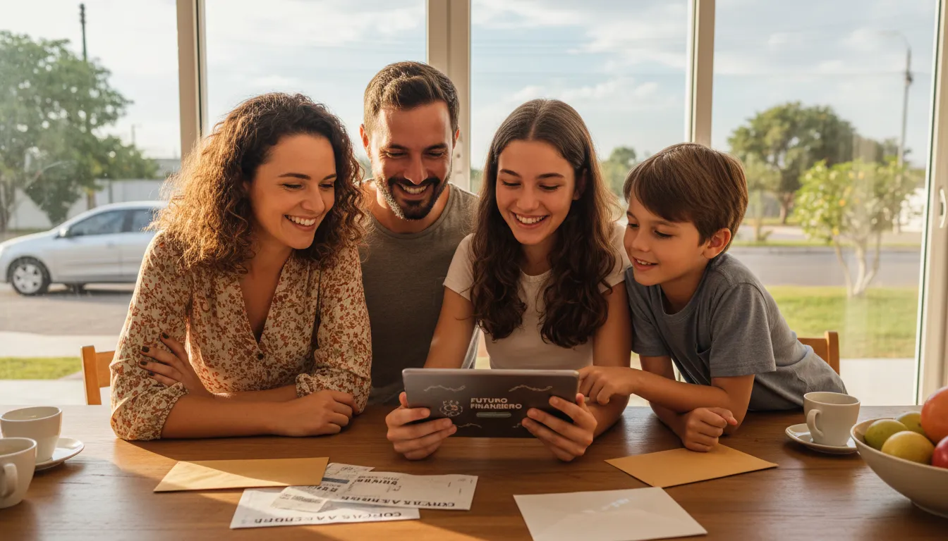 Família reunida revisa contas e consulta plataforma financeira com veículo visível ao fundo