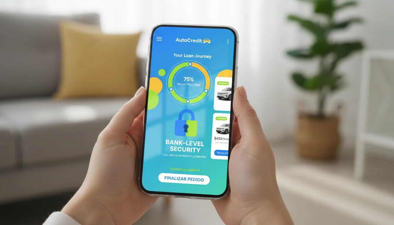 Mulher usa aplicativo de simulação de crédito automotivo em ambiente iluminado, foco em segurança digital