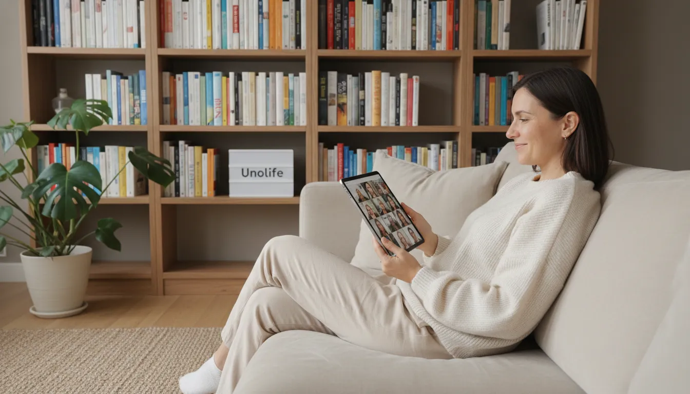 Participante sorri aliviado durante sessão de constelação familiar online, mostrando os benefícios do processo. Unolife: Saúde mental e bem-estar acessíveis.