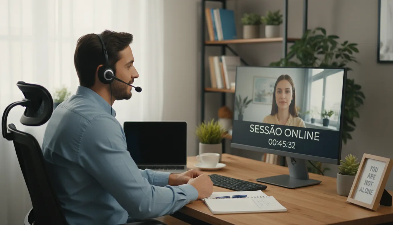 Psicólogo em consultório virtual conduzindo terapia online de forma empática e profissional.