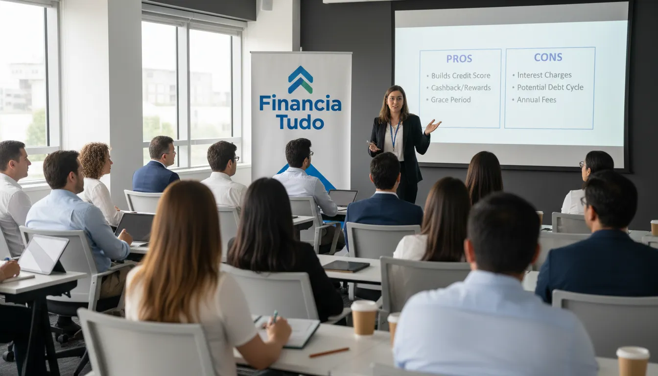 Pessoas aprendendo sobre as vantagens e desvantagens de usar cartão de crédito para pagar boleto em um seminário da Financia Tudo.