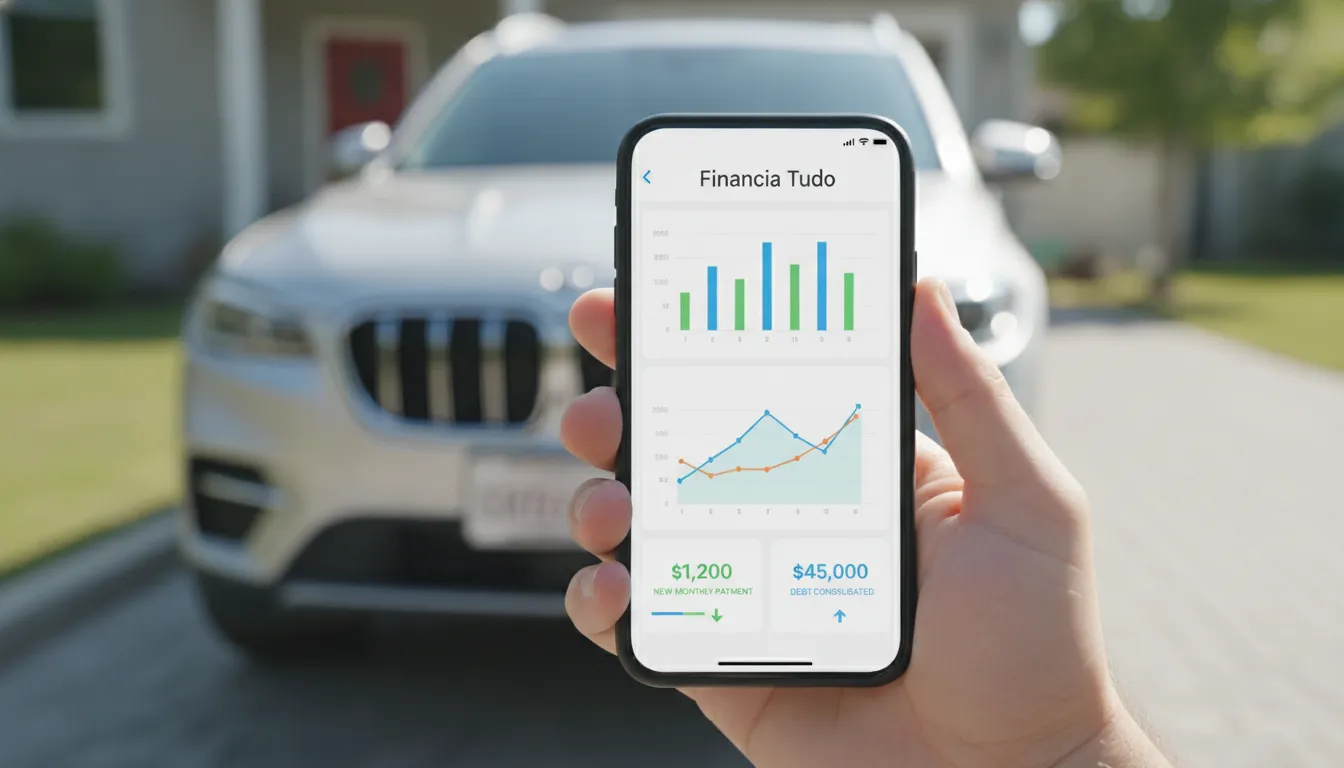 Tela de smartphone com app Financia Tudo mostrando refinanciamento de veículo para quitar dívidas e organizar finanças.