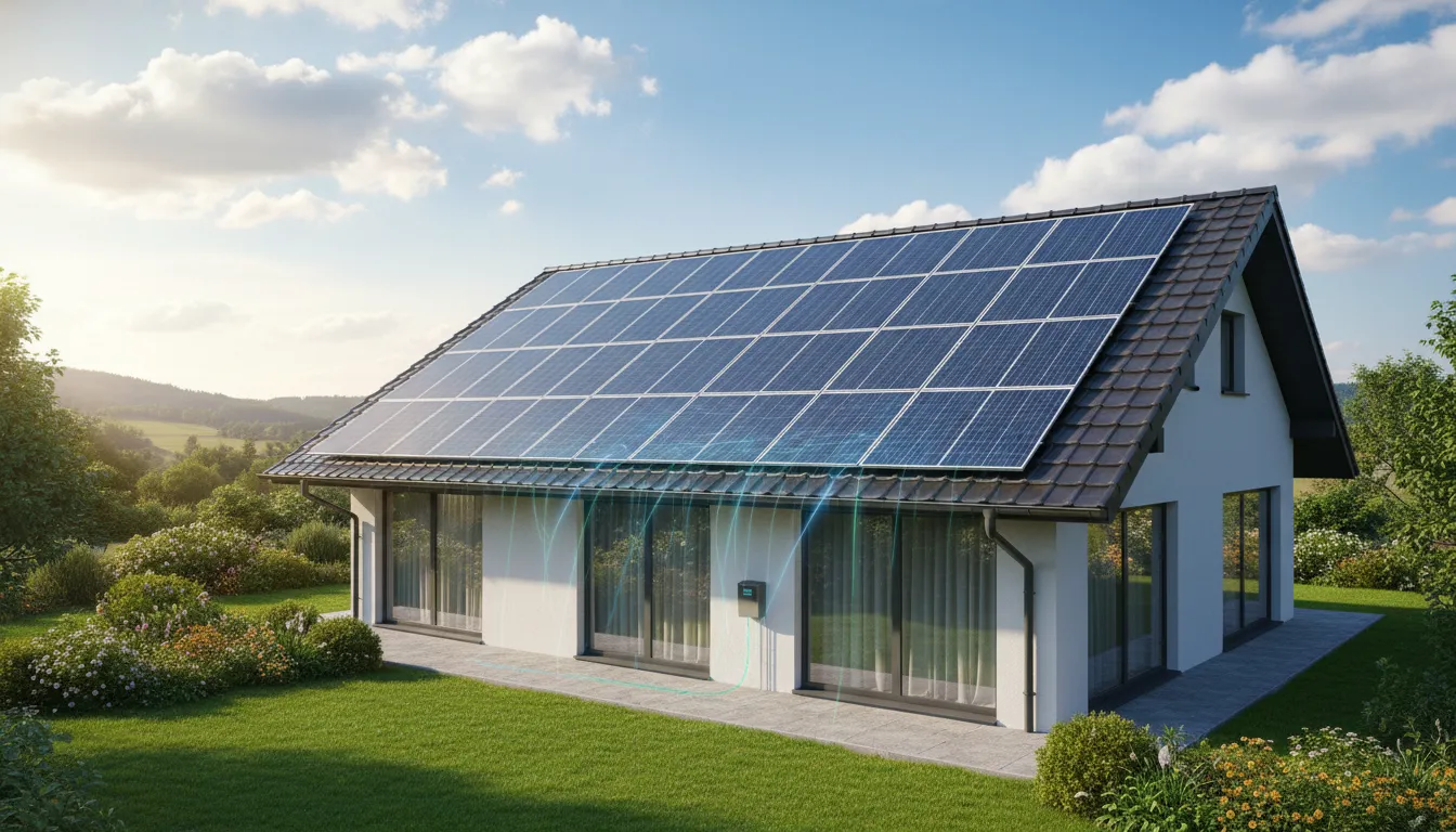 Painéis solares modernos em telhado residencial, simbolizando economia energia solar e sustentabilidade ambiental.