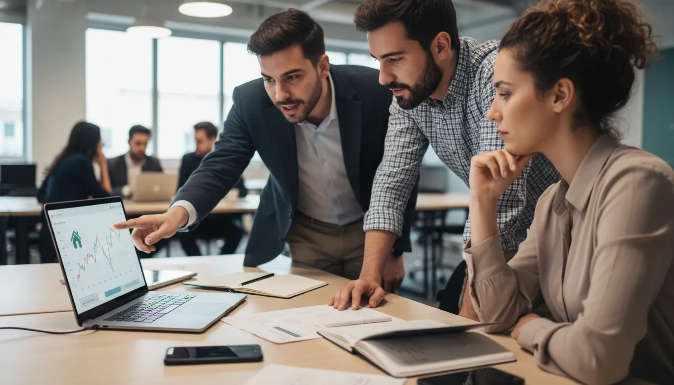 Grupo de autônomos analisa gráficos financeiros em laptop, buscando opções de financiamento imóvel autônomo.