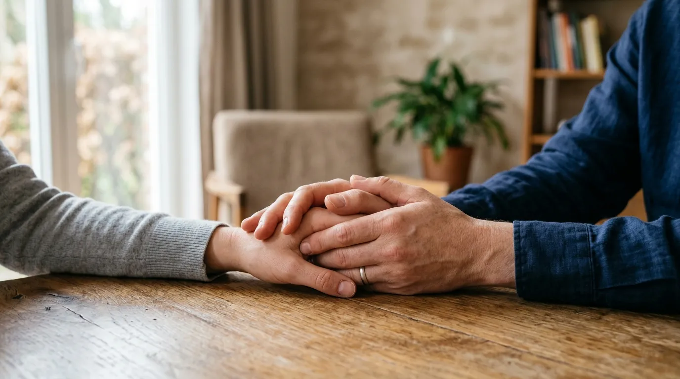 Maos dadas oferecendo apoio emocional durante processo de luto