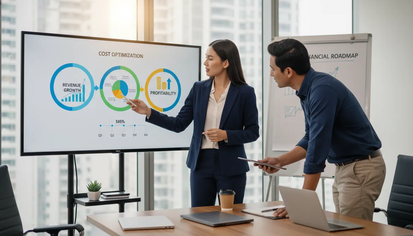 Consultor financeiro apresentando estratégias contábeis com infográficos para empresário em sala de reunião