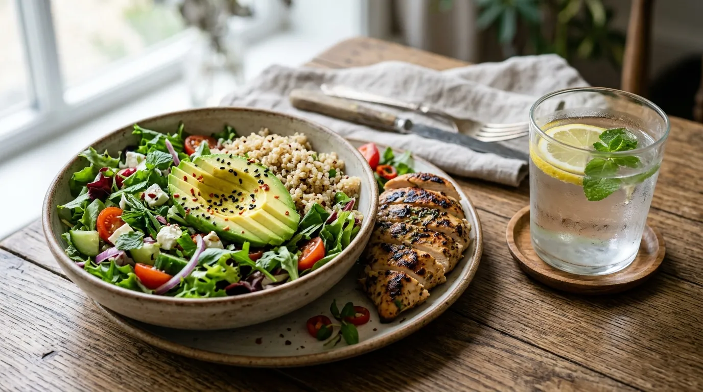 Alimentação saudável com salada colorida promovendo a vida em equilíbrio e o bem-estar.
