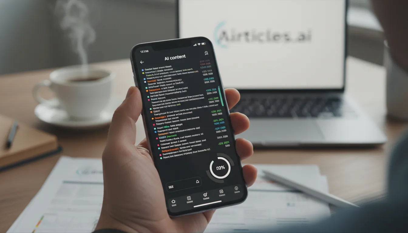 Mão segura smartphone exibindo IA gerando conteúdo para marketing digital. Automação e otimização SEO.