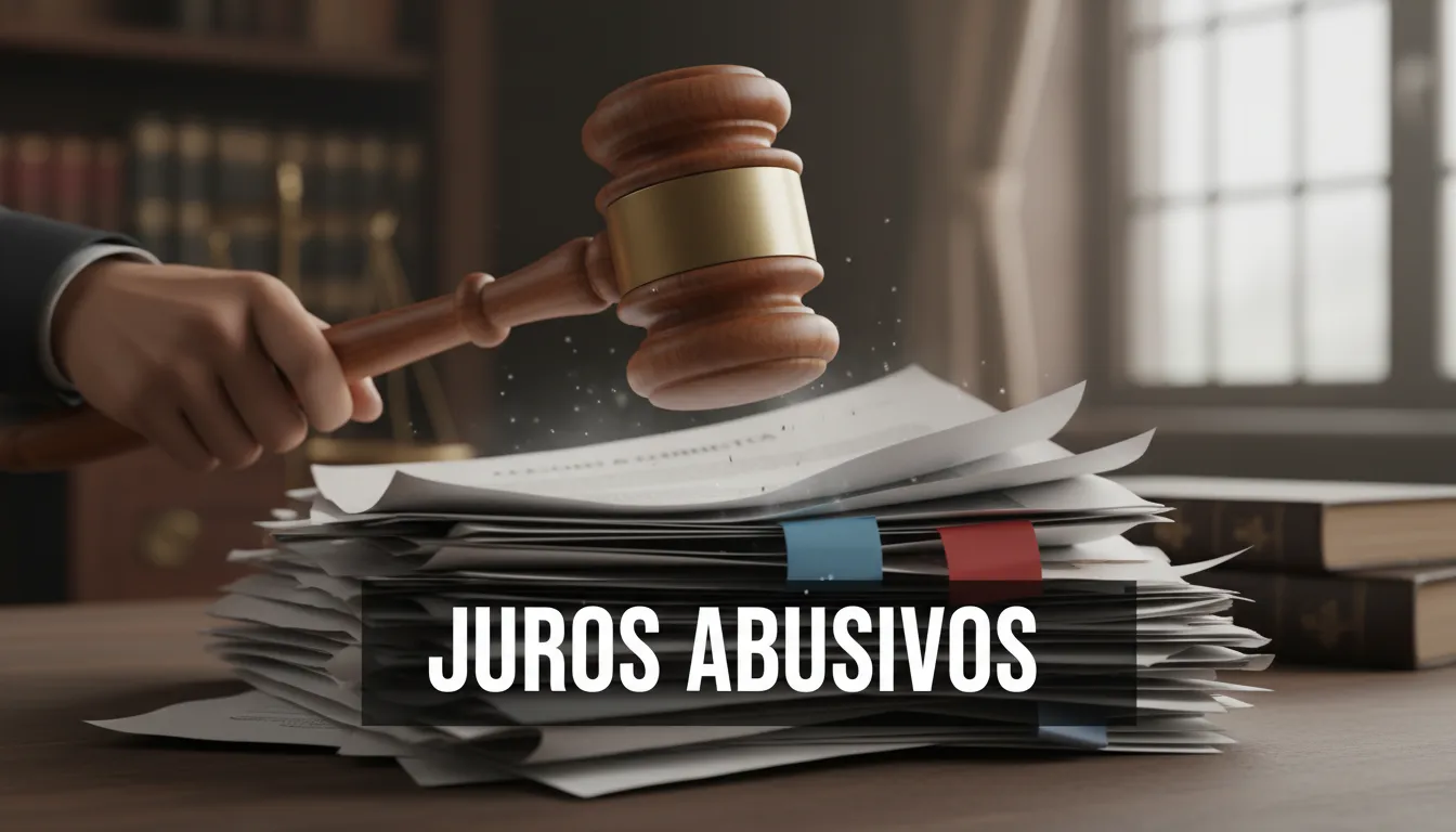Um martelo de juiz golpeando uma pilha de contratos financeiros, simbolizando uma intervenção legal contra taxas de juros abusivas. Cenário para financiamento empresarial juros altos.