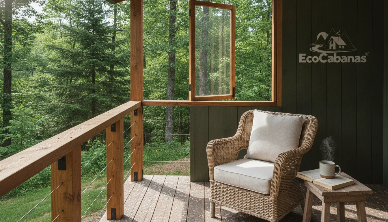 Detalhe da varanda de uma casa de campo, com mobiliário sustentável e vista para a floresta, convidando ao relaxamento.