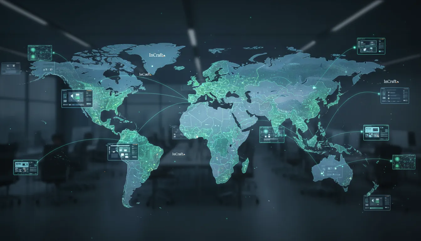Mapa mundial de sites interconectados, ilustrando o alcance global da InCraft Digital na criação de sites para empresas internacionais.