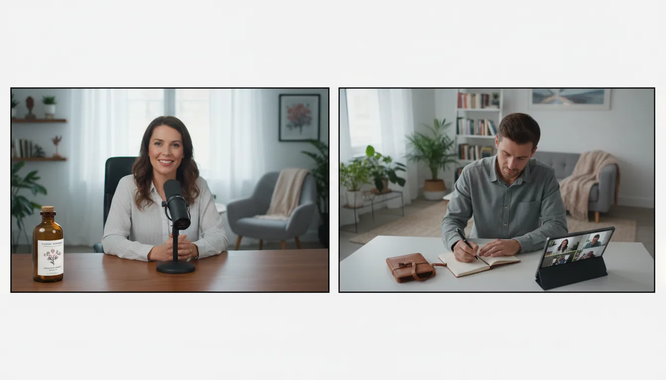 Sessão de aconselhamento online com especialista apresentando floral natural ao cliente.