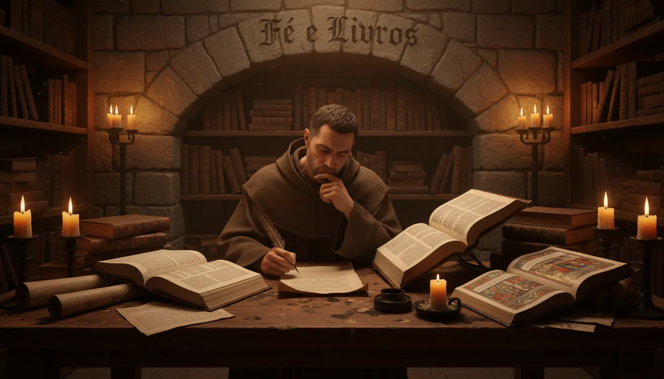Monge escrevendo em um scriptorium iluminado à luz de velas, cercado por livros catolicos antigos.