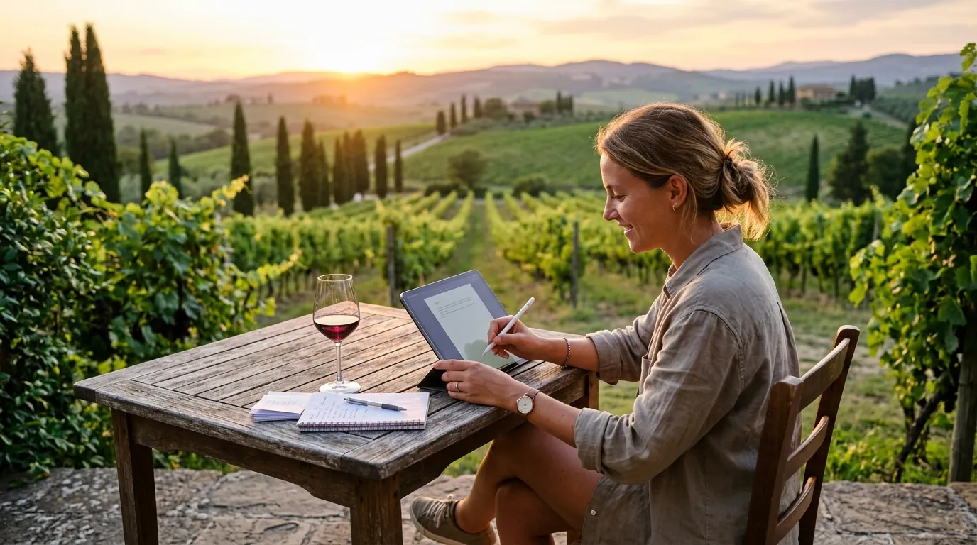 Pessoa trabalhando com tablet em vinhedo da Toscana durante home office na Itália.