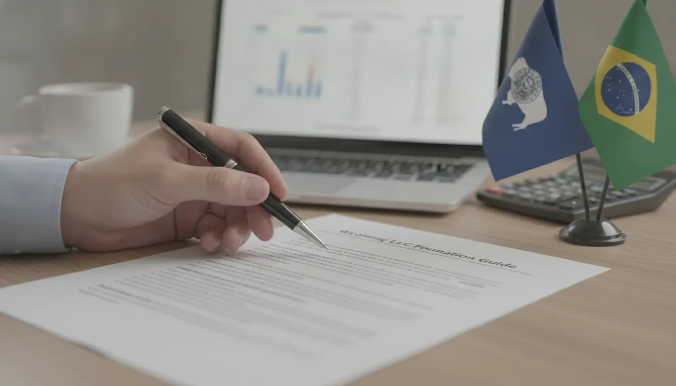 Mão aponta guia formação offshore LLC Wyoming para brasileiros, com bandeiras e documentos fiscais.