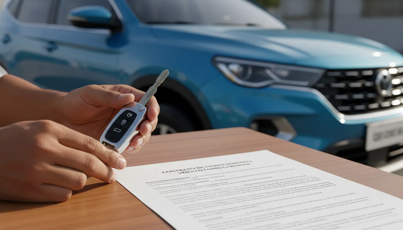 Chave de automóvel e contrato destacando veículo usado como garantia de empréstimo