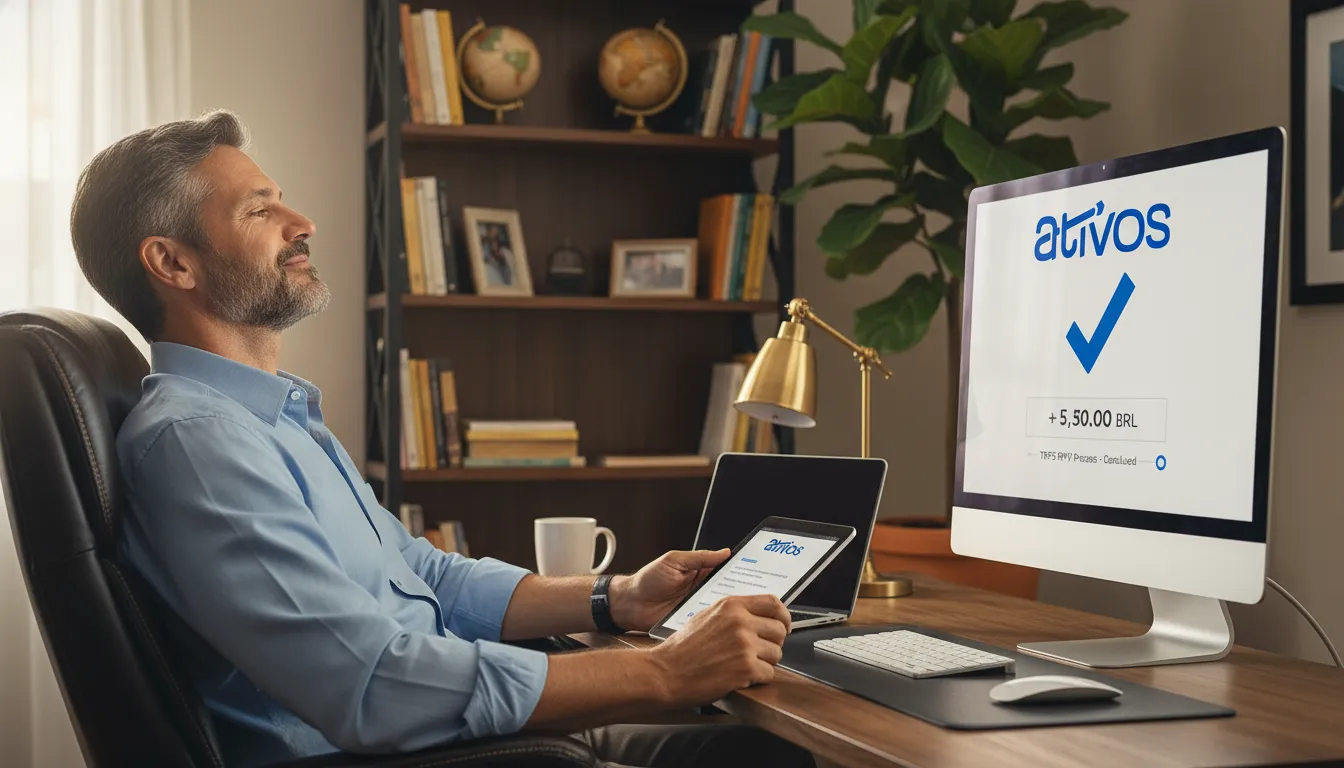 Homem aliviado após consultar RPV TRF5 com resultado positivo. Representa sucesso e liquidez.