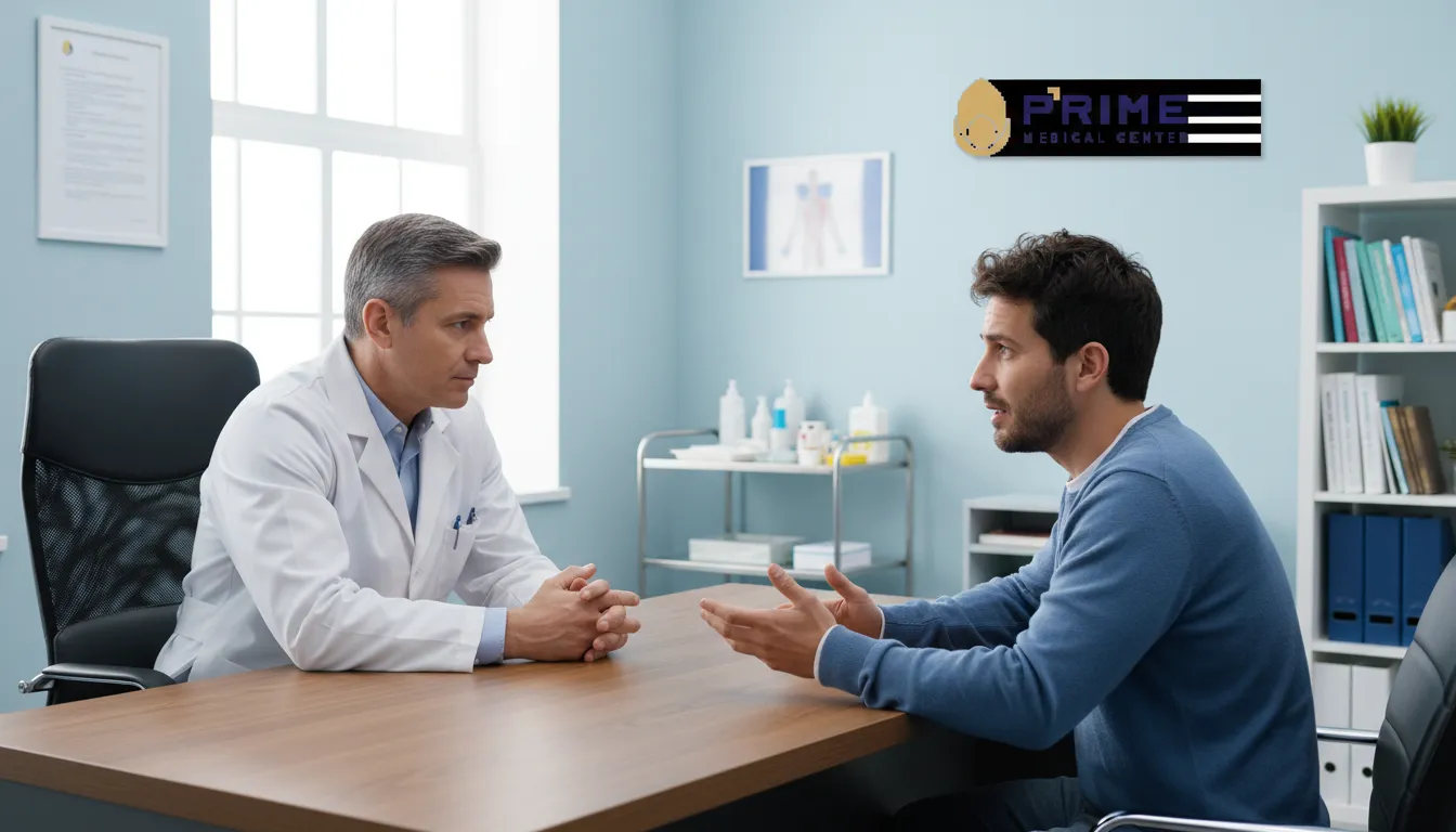 Consulta médica para tratar a falta de libido masculina, com foco na escuta atenta do profissional. Prime Medical.