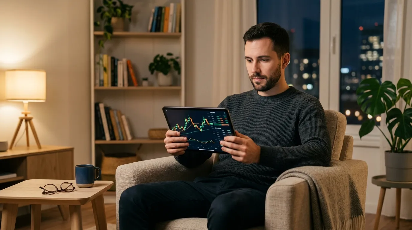 Investidor utilizando tablet para estudar estratégias e ganhar dinheiro no mercado através da Binomo.