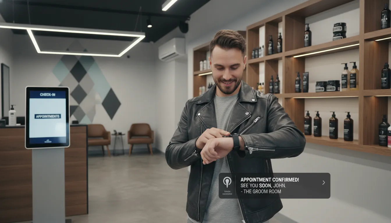 Barbearia com totem de check-in digital e cliente recebendo notificação automática no smartwatch