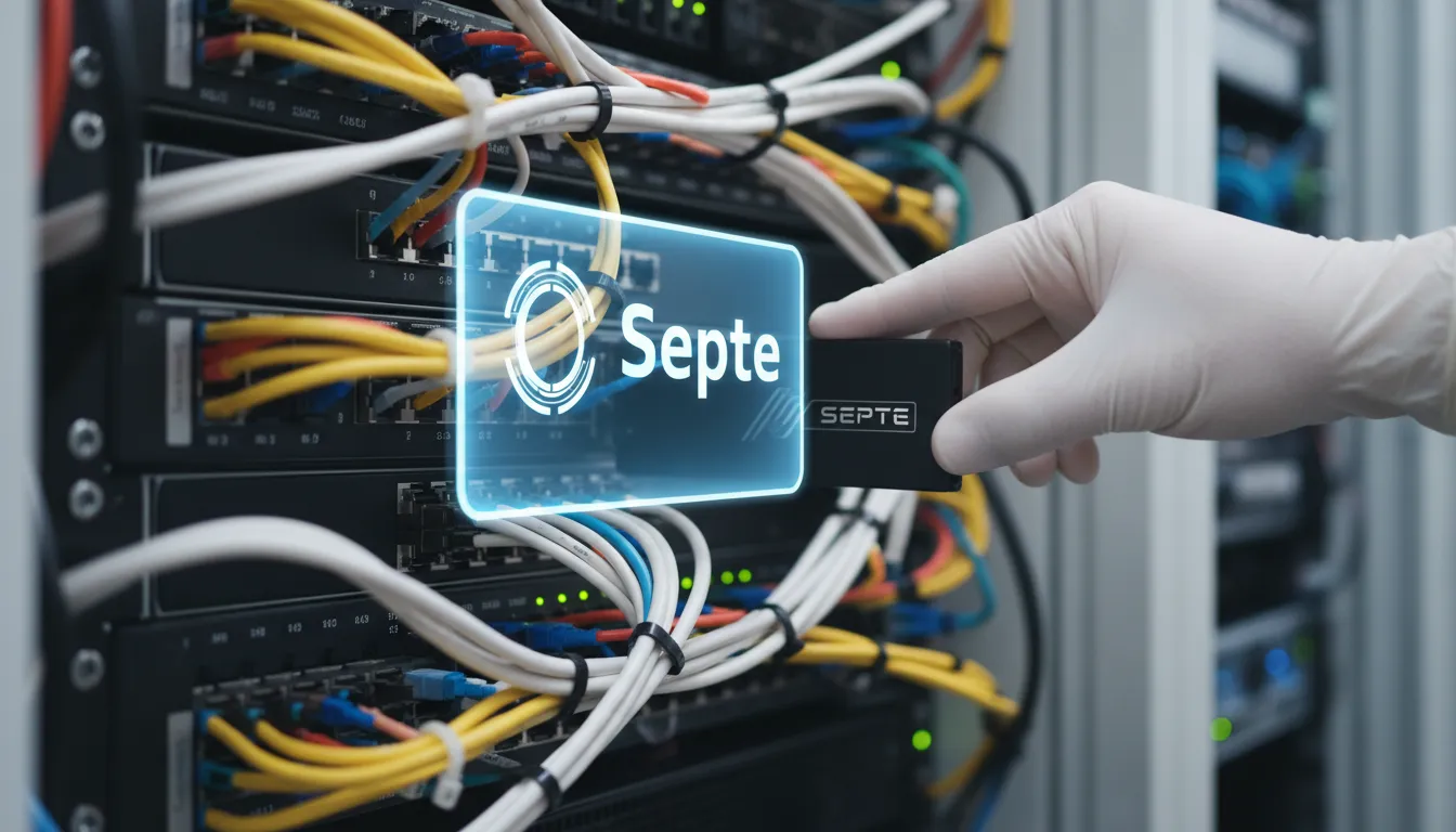 Rack de servidores em data center corporativo, representando a infraestrutura de armazenamento de dados da SEPTE.