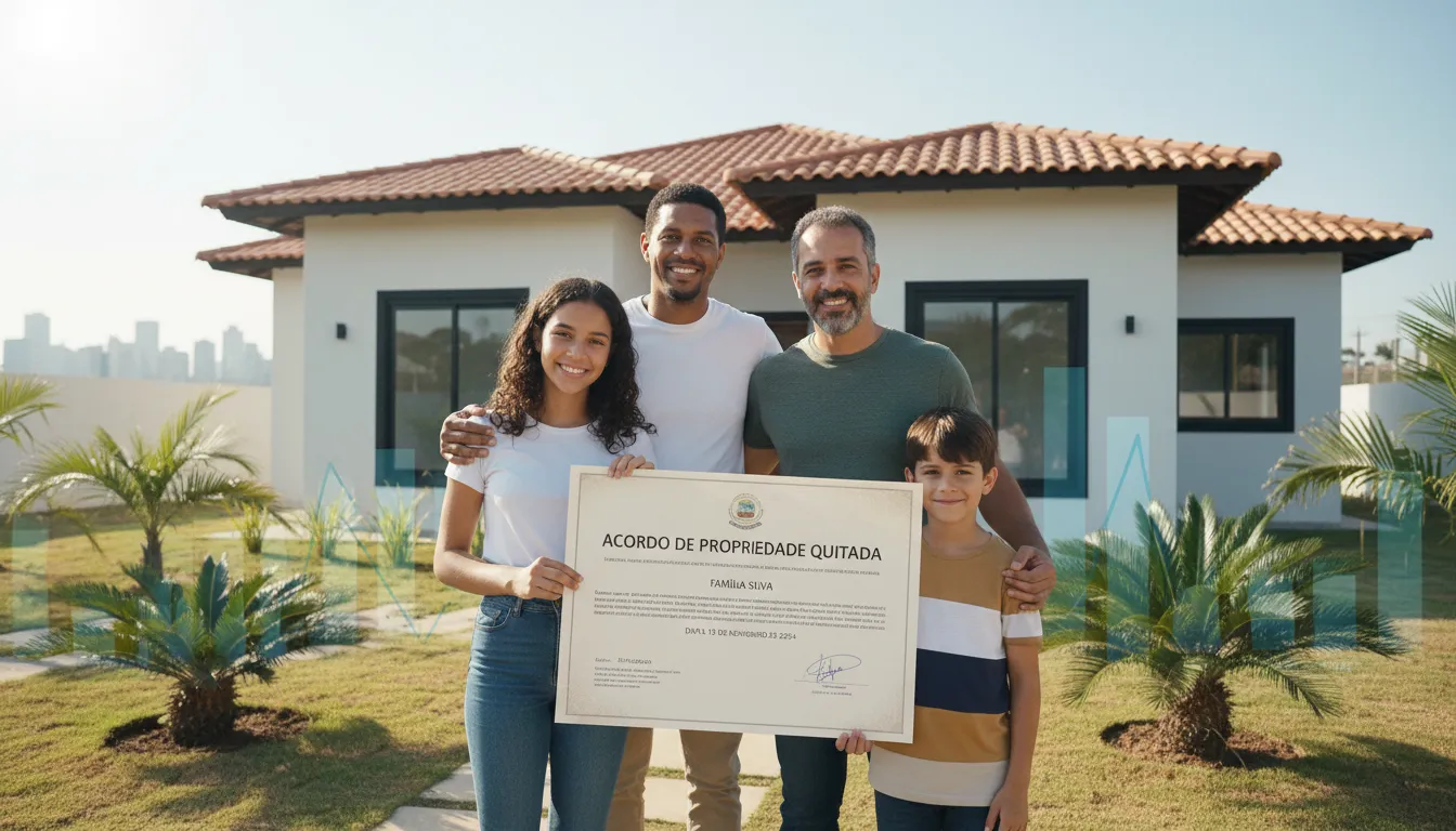 Família brasileira na frente da casa pronta, segurando contrato, simbolizando realização e segurança