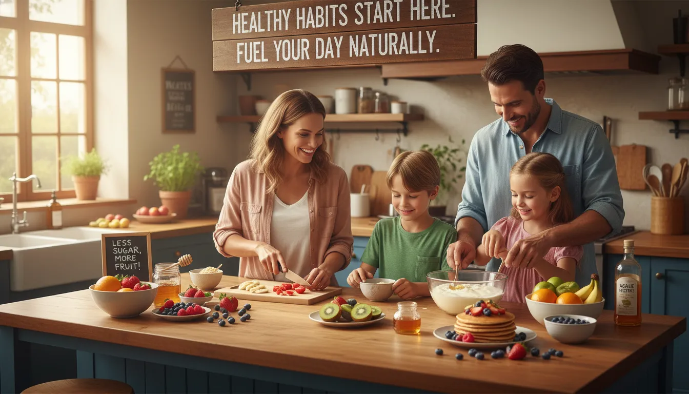 Família preparando café da manhã saudável usando frutas e adoçantes naturais em cozinha ensolarada.