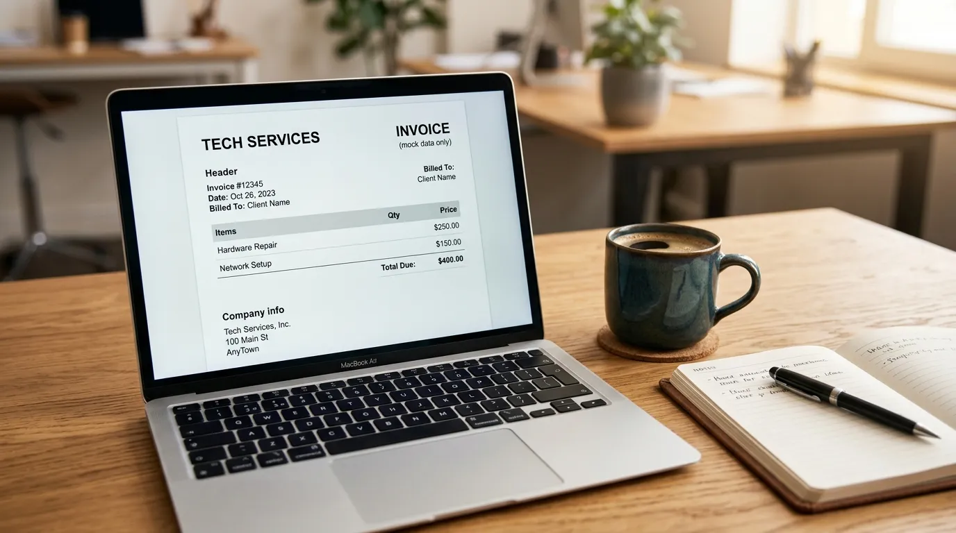 Tela de computador exibindo modelo de nota fiscal para psicólogo prestador de serviços.