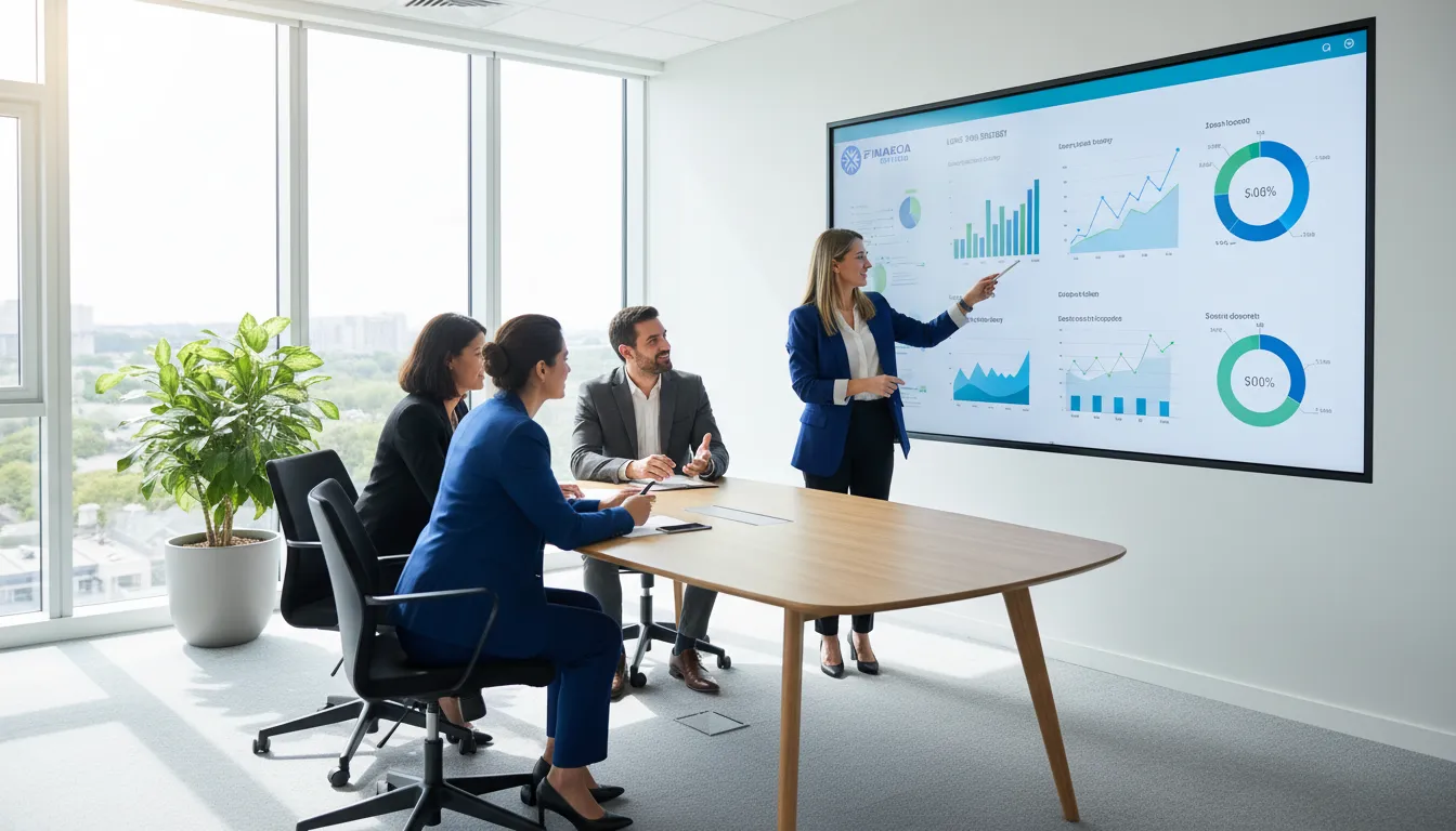 Equipe da Financia Tudo em reunião com cliente, planejando estratégias para potencializar os ganhos indicando crédito estrategicamente.