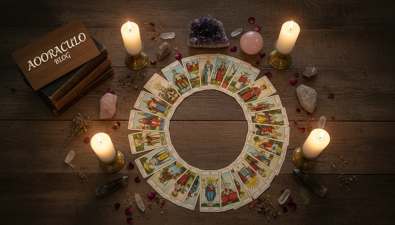 Visão aérea de cartas de tarot dispostas em mesa de madeira, com cristais e velas. Explore como o tarot pode revolucionar sua vida pessoal com o Aooraculo Blog.