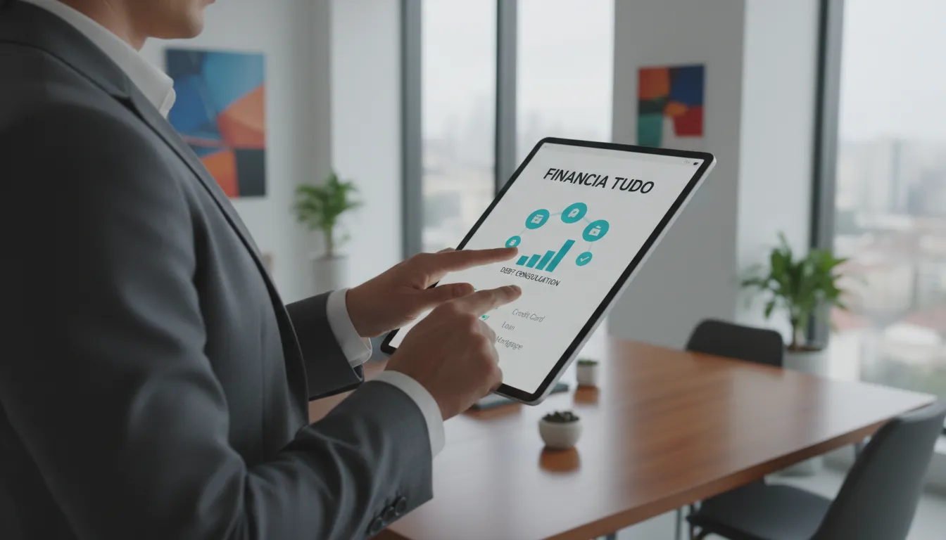 Uma pessoa usando um tablet para consolidar dívidas, ilustrando o uso inteligente do home equity, com a solução da Financia Tudo.