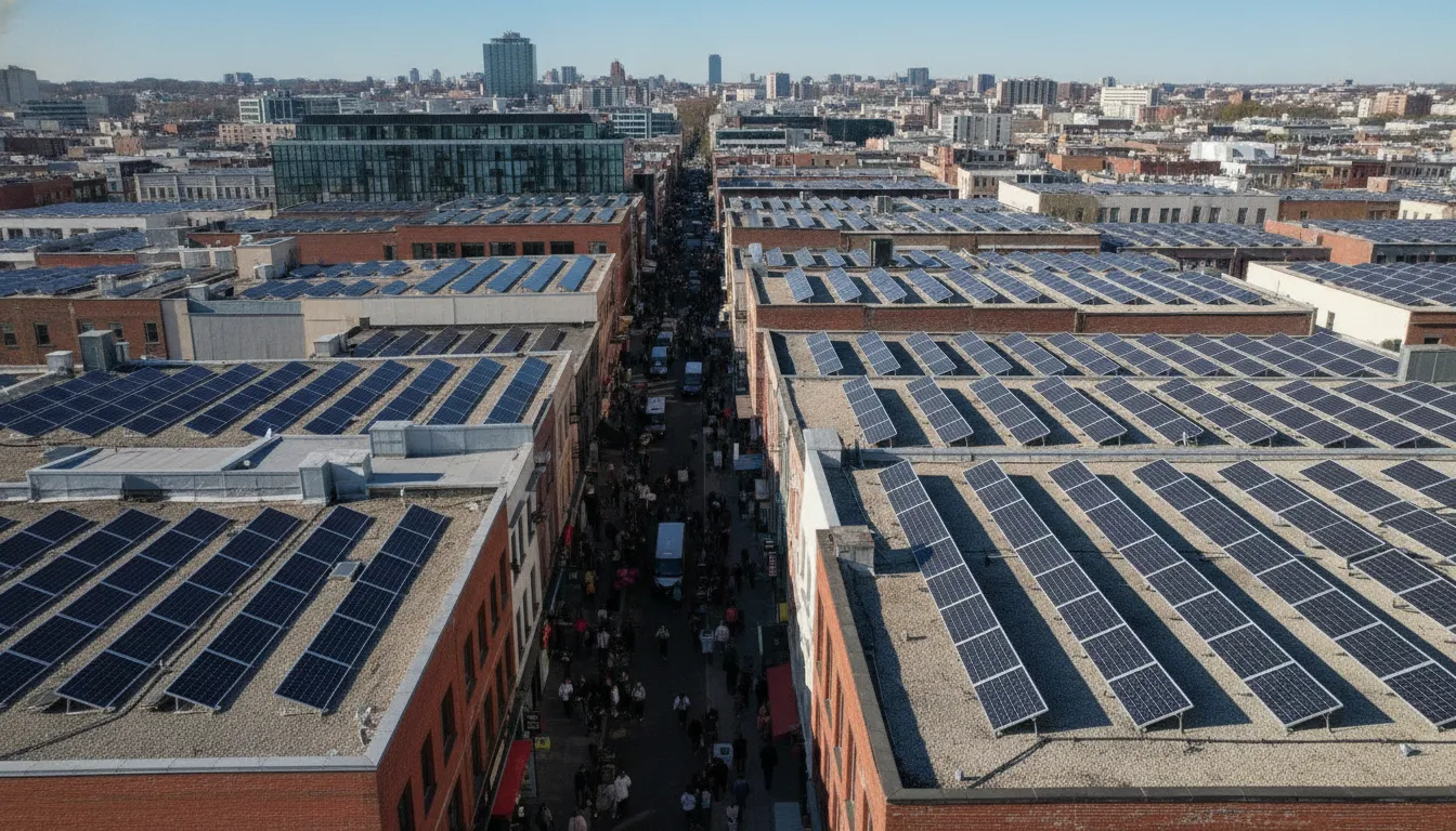 Vários telhados comerciais urbanos com energia solar por assinatura para empresas, sustentabilidade.