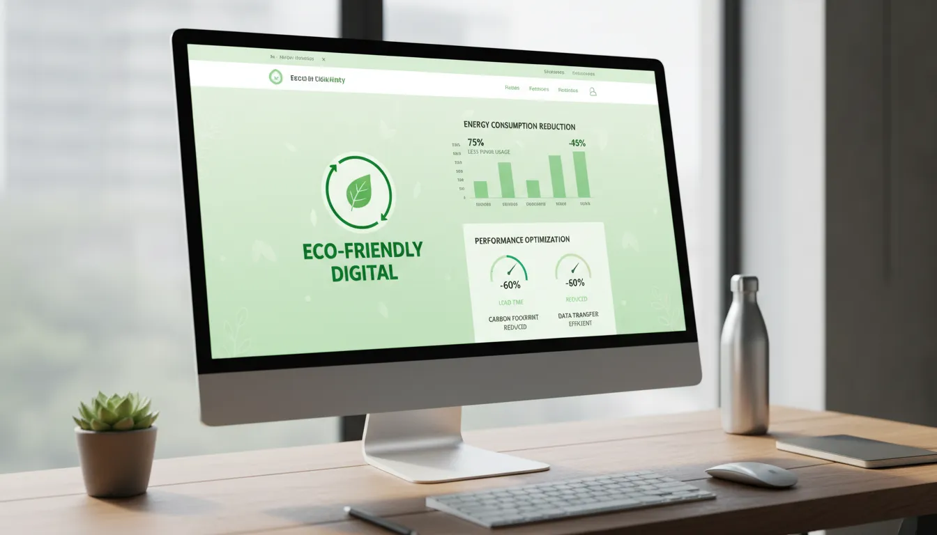 Tendências de Web Design 2026: O Que Vai Bombar 3 Site exibindo selo ecológico, gráficos de consumo digital sustentável e painel de performance otimizada