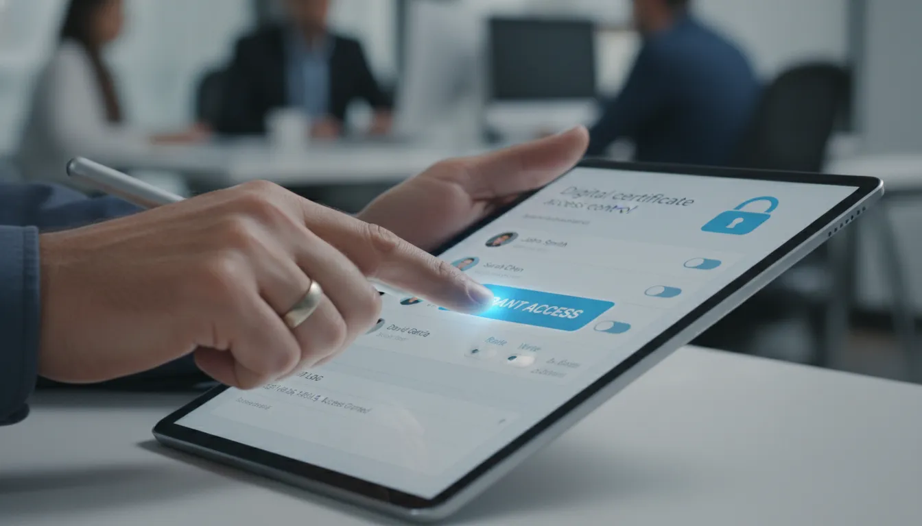 Mãos gerenciando acesso e compartilhando certificado digital com colaborador através de interface segura.
