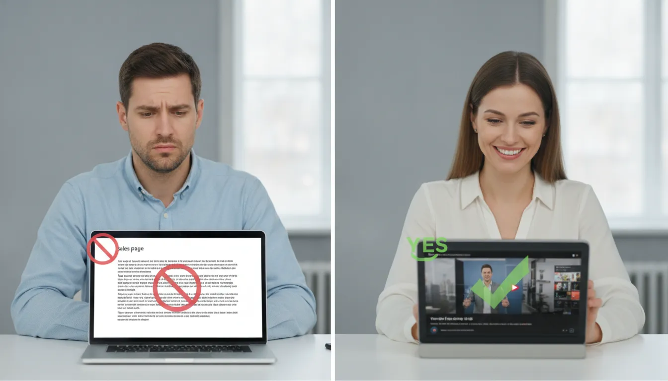 Contraste: cliente frustrado texto, cliente feliz vídeo. Impacto na taxa conversão.