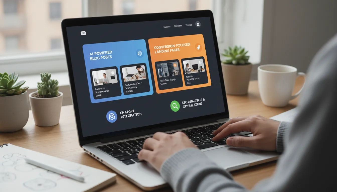 Site com ChatGPT: Criando Conteúdo de Qualidade com IA 1 Tela de laptop exibe site profissional com conteúdo gerado por IA em ambiente de trabalho criativo